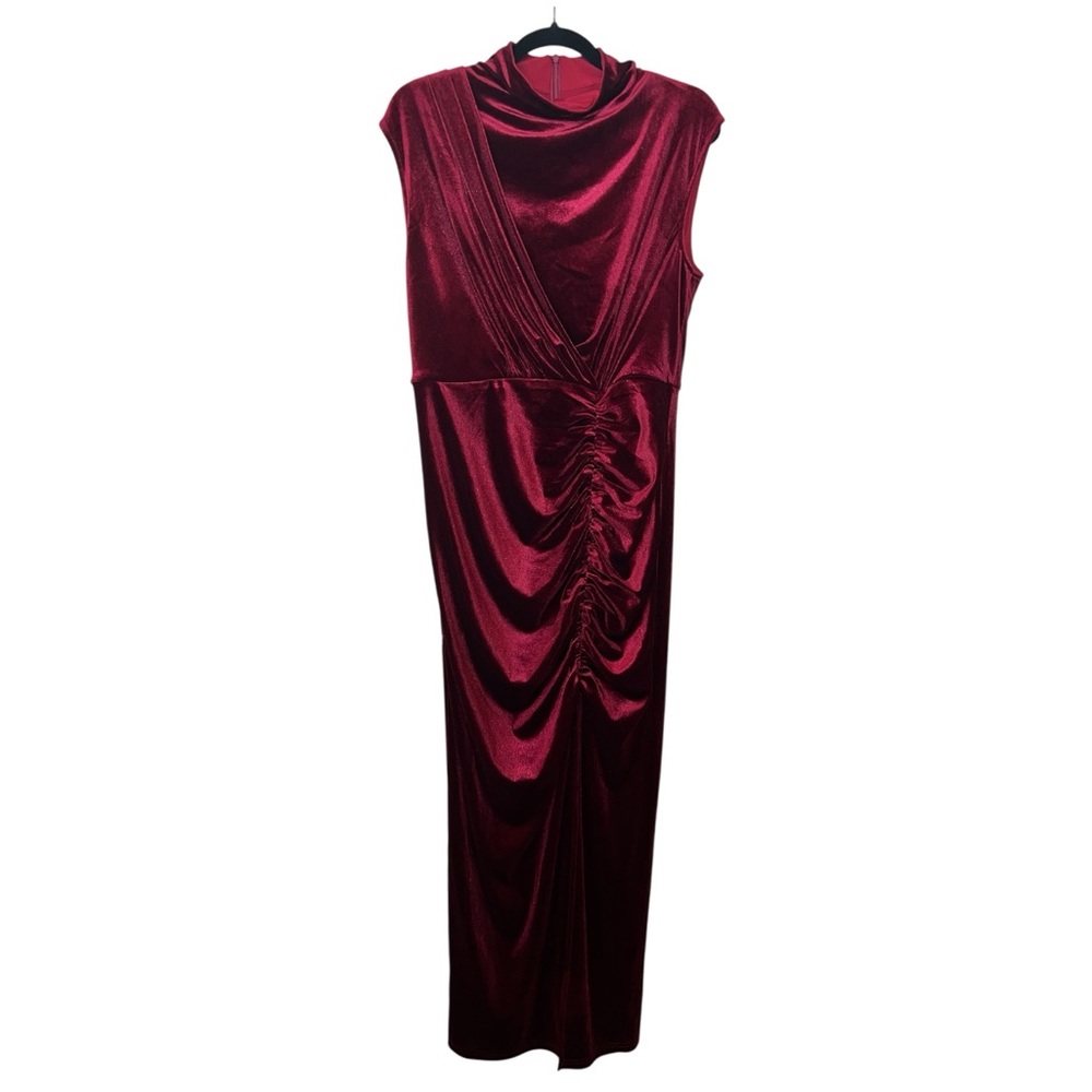CoMMENSE Sleeveless Side Slit Velvet Mock Neck Maxi Dress NWT - Burgundy Large - Picture 3 of 11